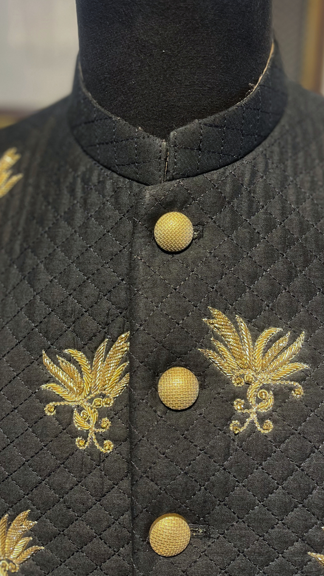 Black Quilted Prince Coat with Gold Hand Embroidery (1-Pc) - Image 4