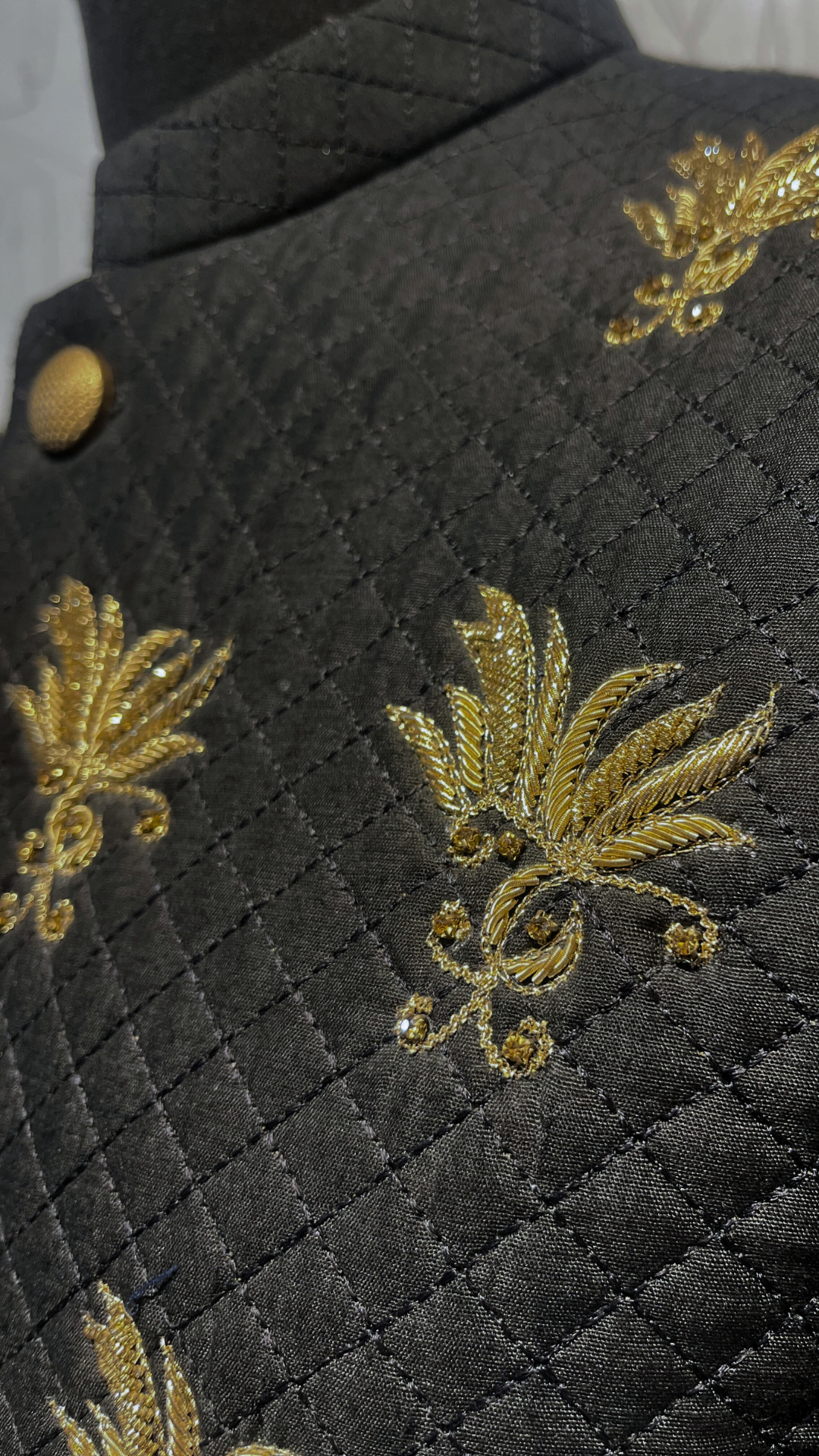 Black Quilted Prince Coat with Gold Hand Embroidery (1-Pc) - Image 5