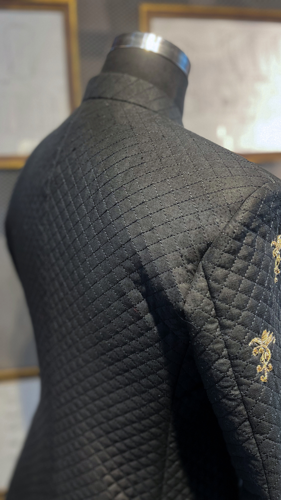 Black Quilted Prince Coat with Gold Hand Embroidery (1-Pc) - Image 6