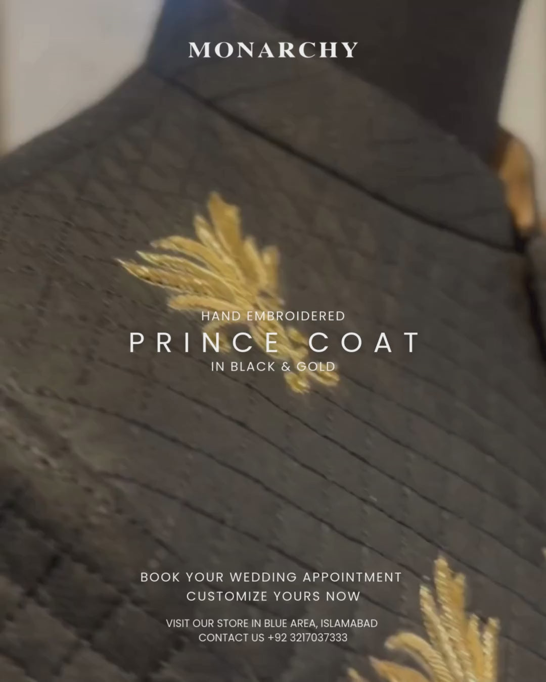 Black Quilted Prince Coat with Gold Hand Embroidery (1-Pc) - Image 7