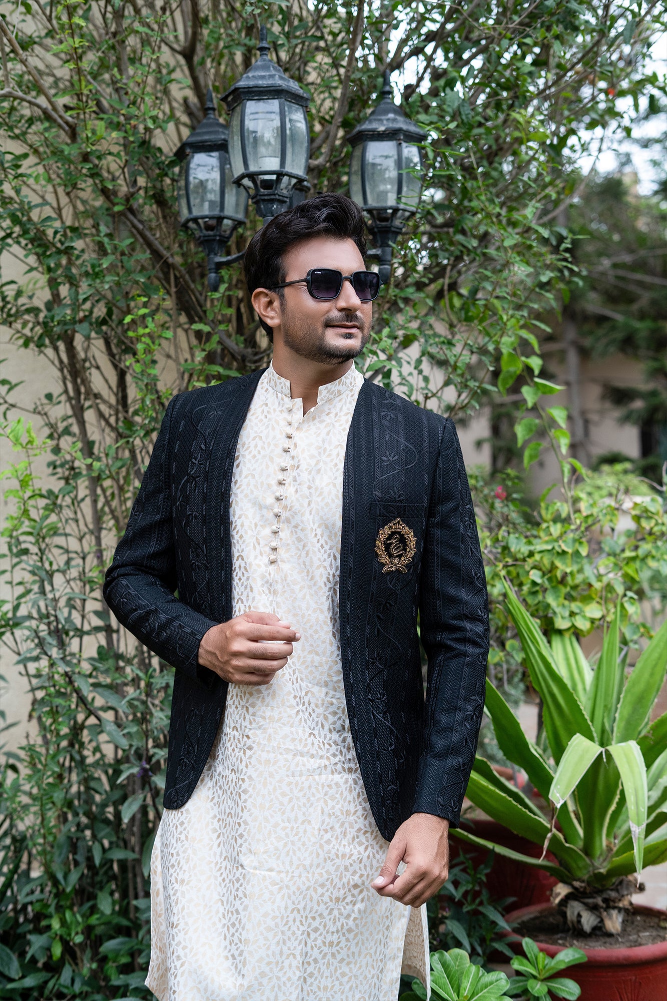 Black Hand-Embroidered Monogram Prince Coat (3-Piece) - Image 2