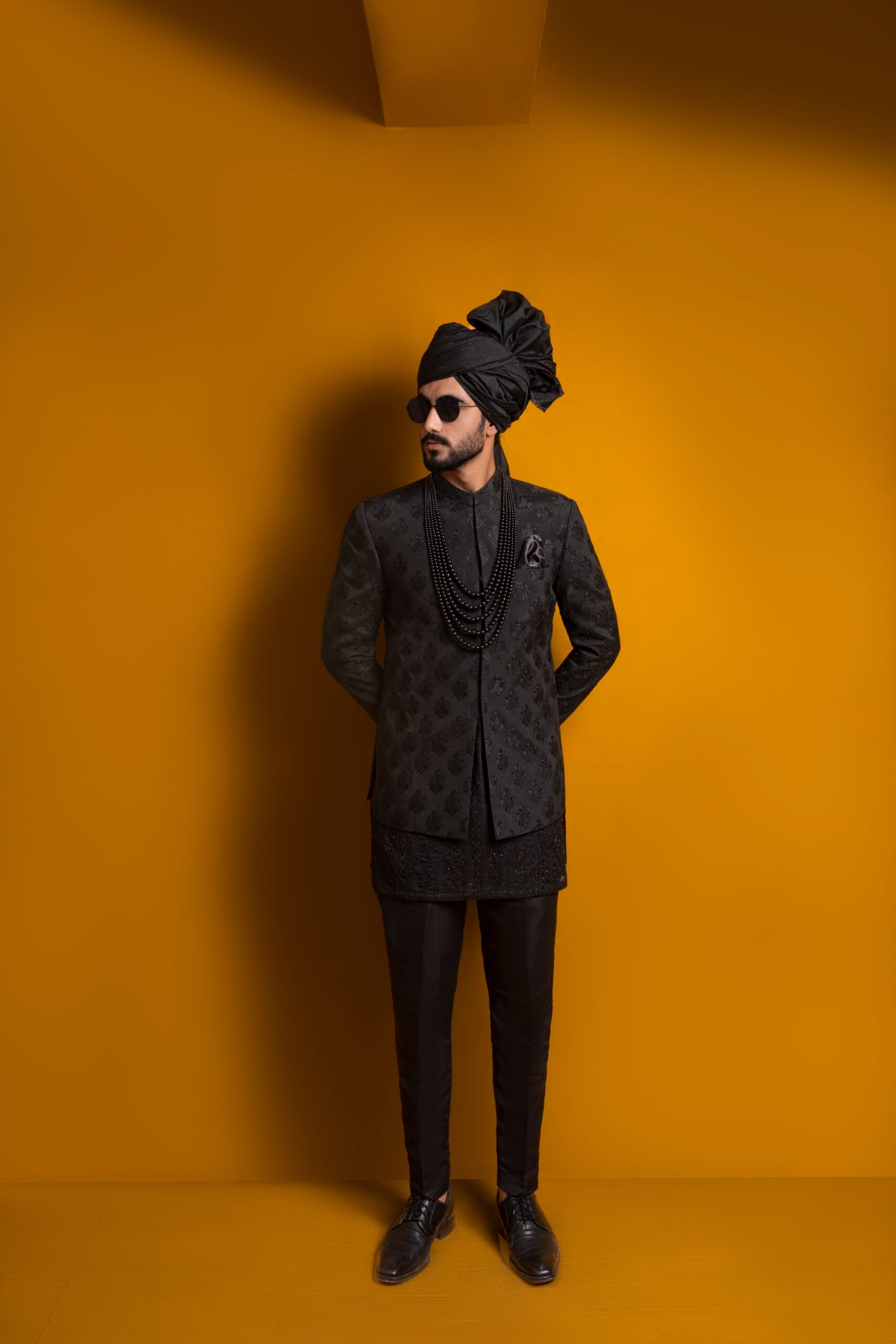 Black Jacquard Prince Coat with Chikankari Kurta (3-Piece) - Image 4