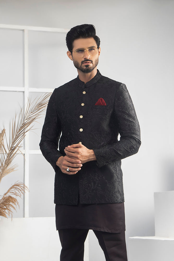 Black Jacquard Prince Coat with Gold Buttons (3-Piece) - Image 1