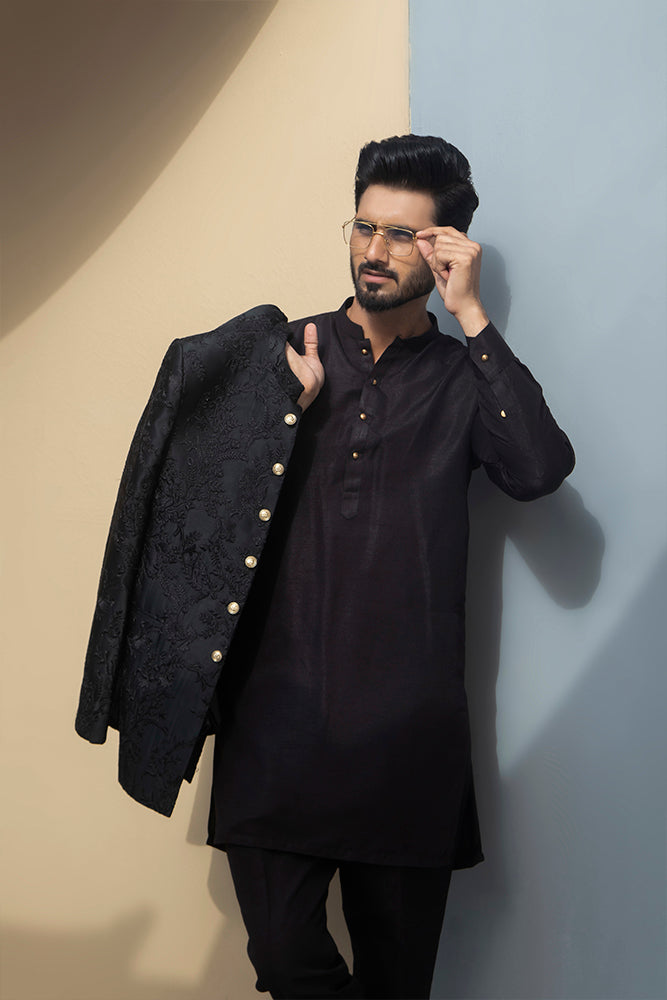 Black Jacquard Prince Coat with Gold Buttons (3-Piece) - Image 3