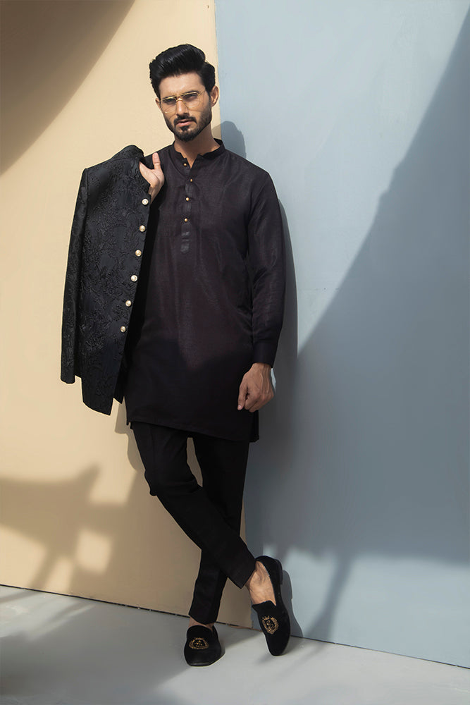 Black Jacquard Prince Coat with Gold Buttons (3-Piece) - Image 4