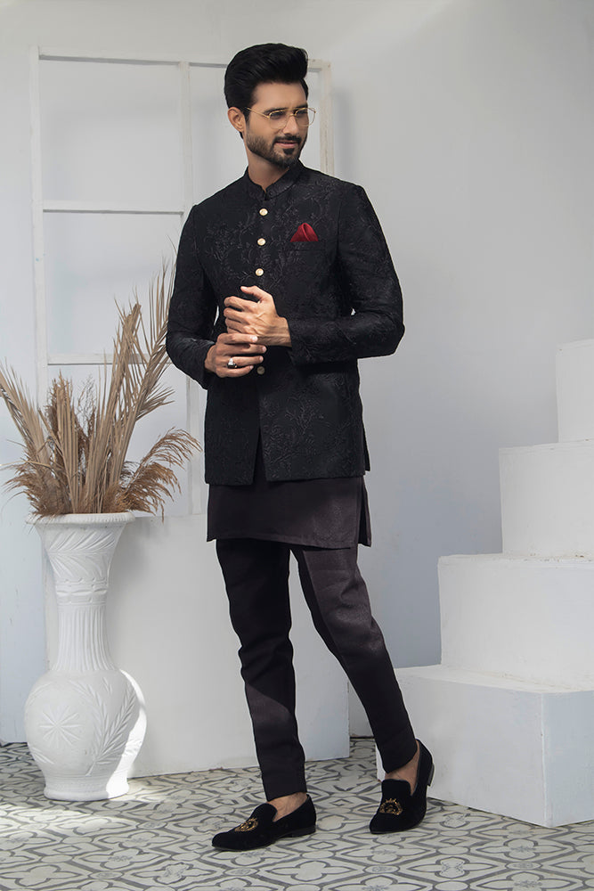 Black Jacquard Prince Coat with Gold Buttons (3-Piece) - Image 5