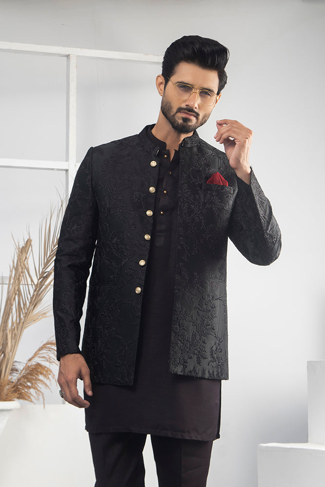 Black Jacquard Prince Coat with Gold Buttons (3-Piece) - Image 6