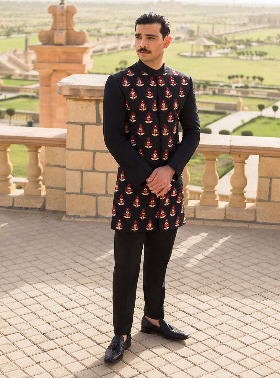 Black Jacquard Embroidered Sherwani (2-Piece) - Image 1