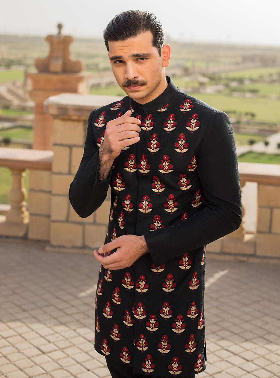 Black Jacquard Embroidered Sherwani (2-Piece) - Image 2