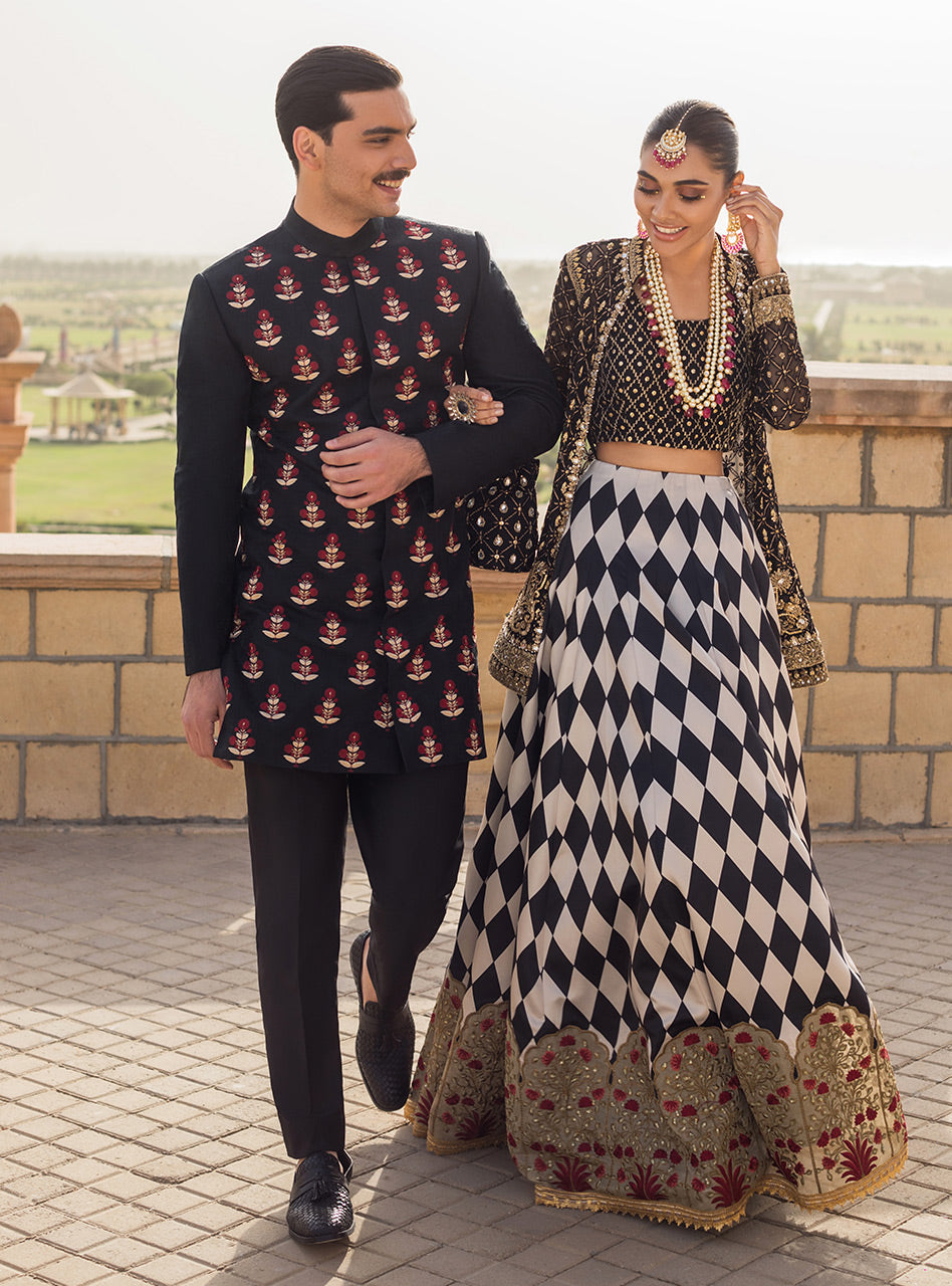 Black Jacquard Embroidered Sherwani (2-Piece) - Image 3