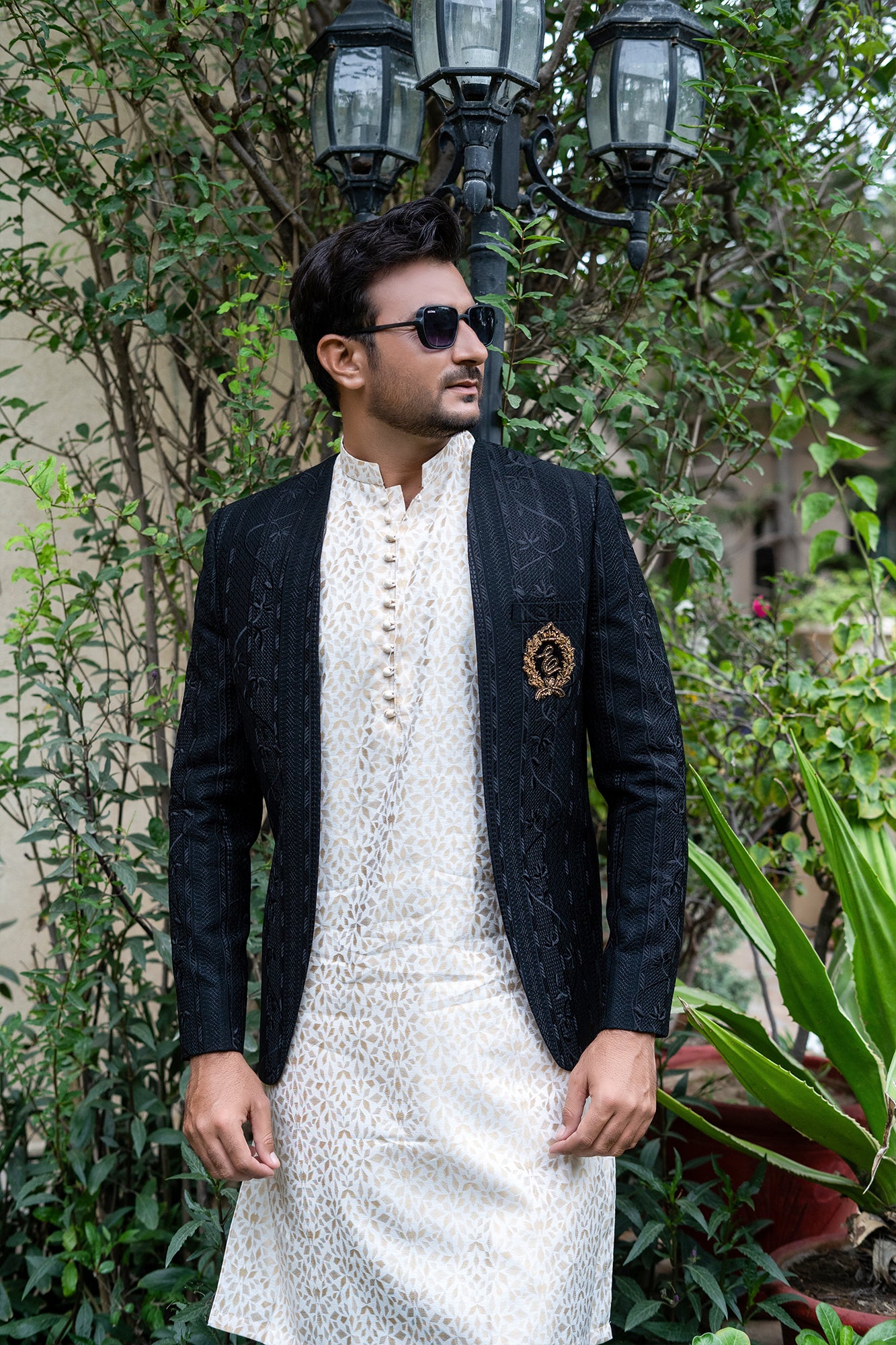 Black Jacquard Prince Coat with Hand-Embroidered Monogram (3-Piece) - Image 1