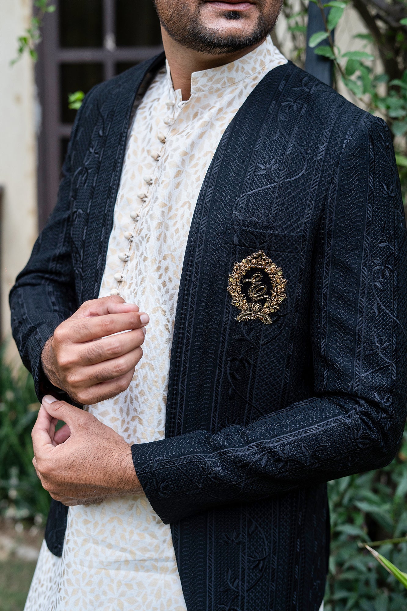 Black Jacquard Prince Coat with Hand-Embroidered Monogram (3-Piece) - Image 3