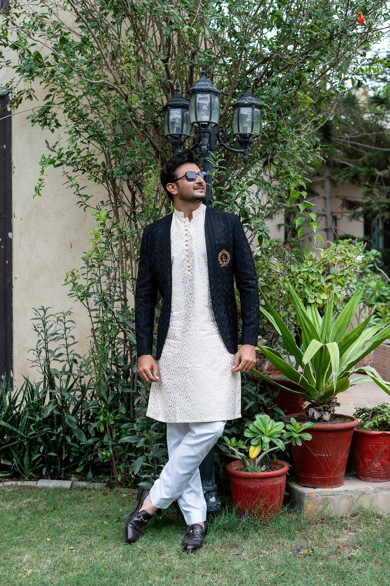 Black Jacquard Prince Coat with Hand-Embroidered Monogram (3-Piece) - Image 4