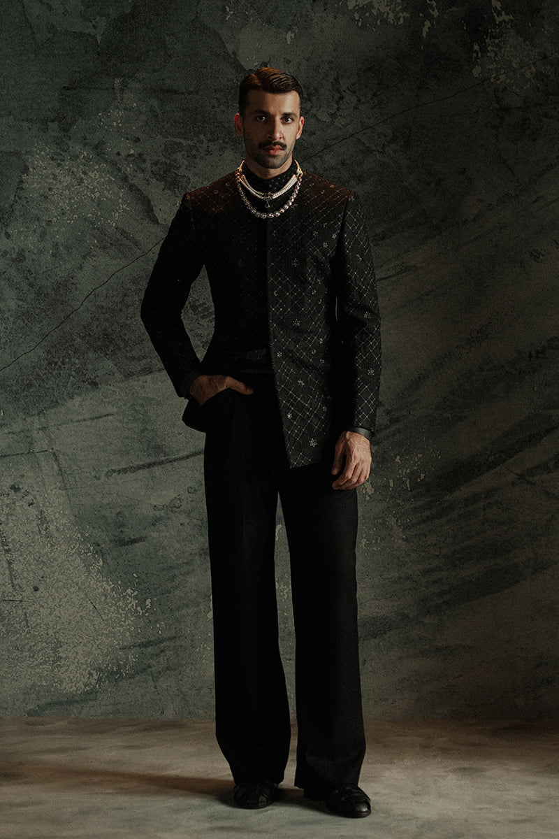 Black Jamawar Prince Coat with Geometric Floral Motifs (2-Piece) - Image 1