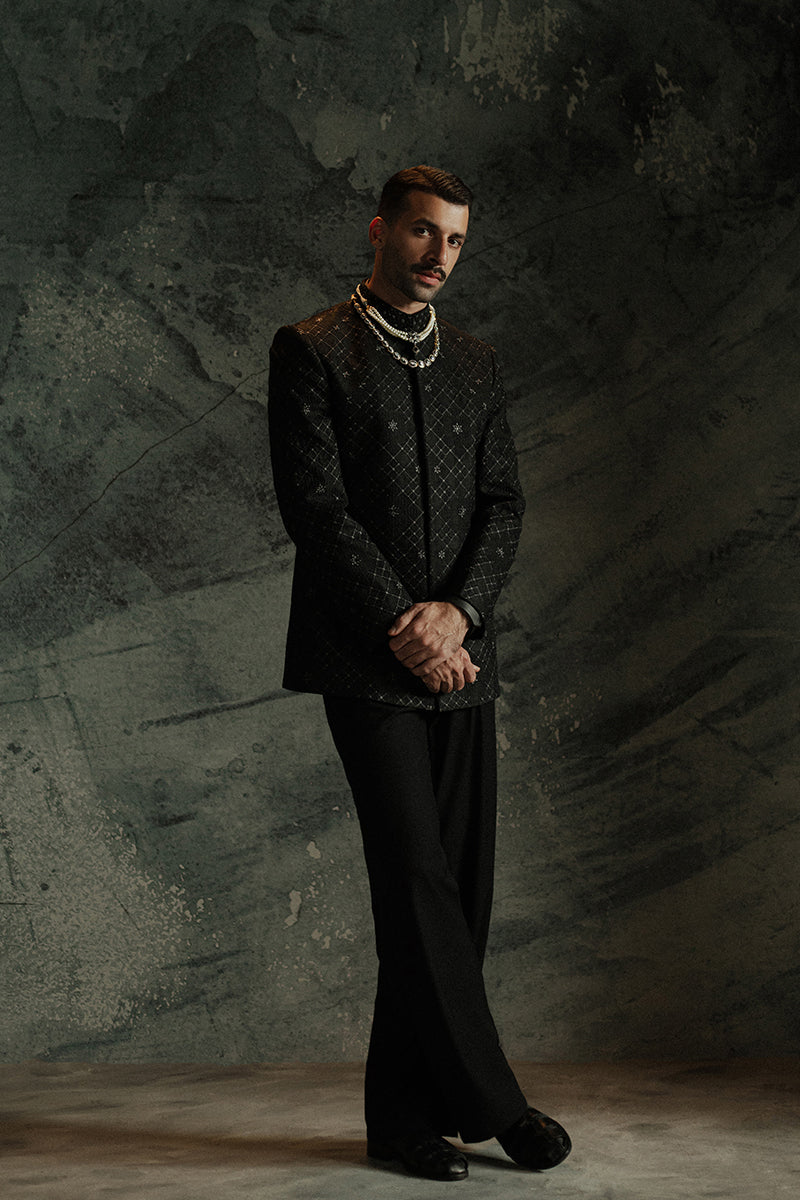 Black Jamawar Prince Coat with Geometric Floral Motifs (2-Piece) - Image 10