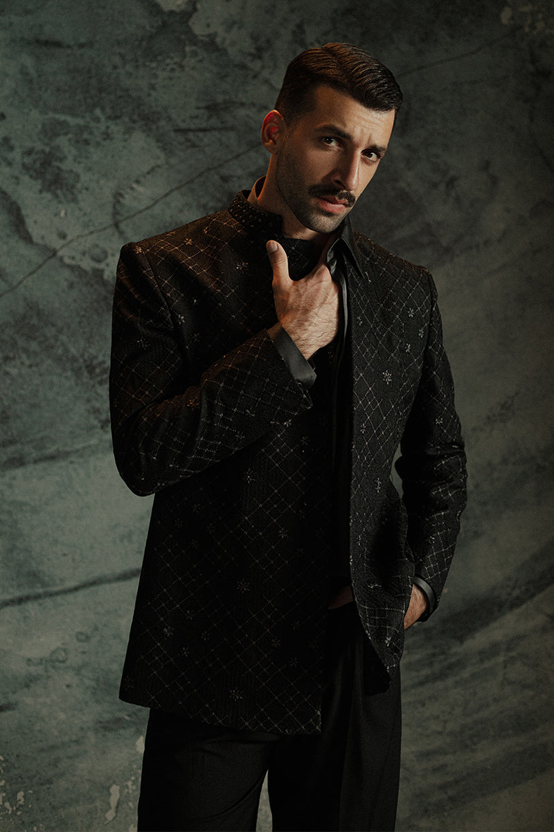 Black Jamawar Prince Coat with Geometric Floral Motifs (2-Piece) - Image 2