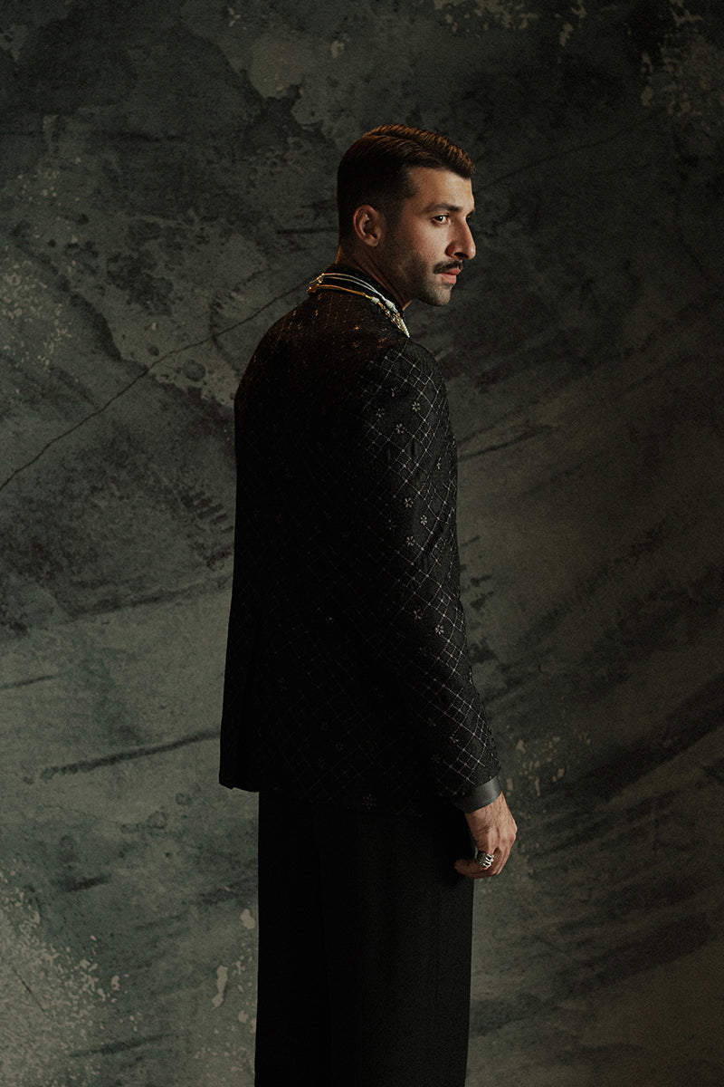 Black Jamawar Prince Coat with Geometric Floral Motifs (2-Piece) - Image 3