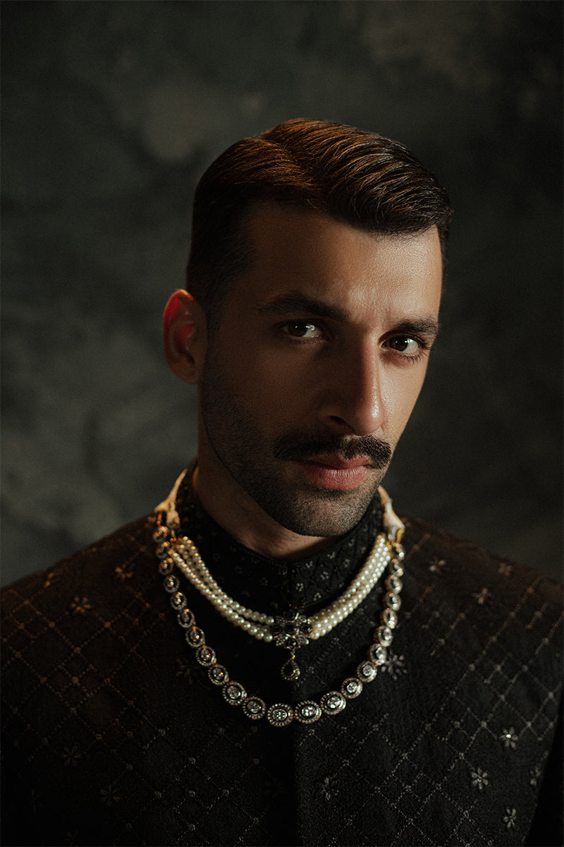 Black Jamawar Prince Coat with Geometric Floral Motifs (2-Piece) - Image 5