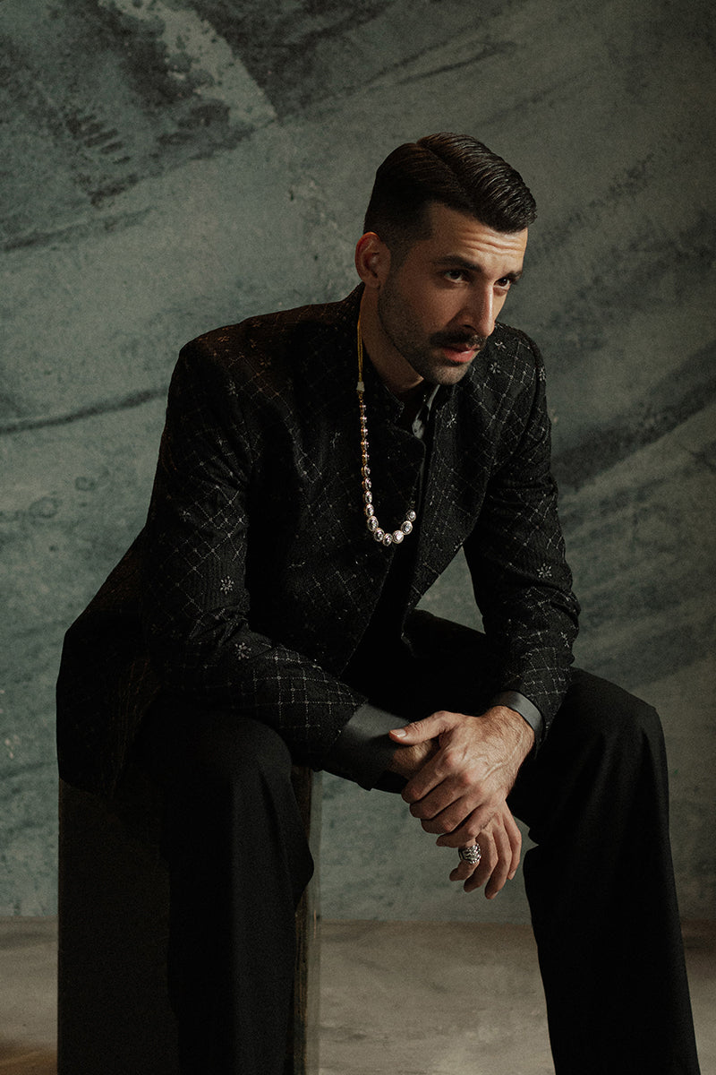 Black Jamawar Prince Coat with Geometric Floral Motifs (2-Piece) - Image 6