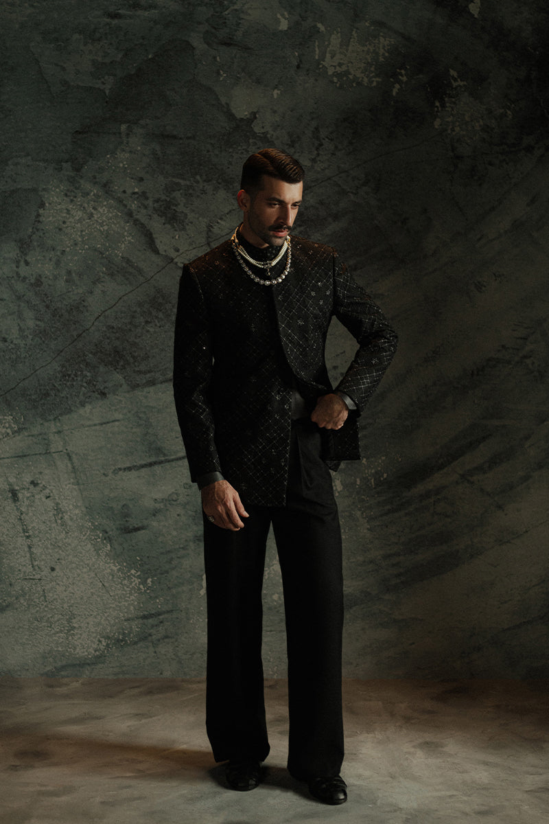 Black Jamawar Prince Coat with Geometric Floral Motifs (2-Piece) - Image 8