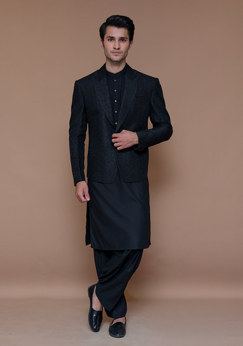 Black Woven Jamawar Prince Coat (3-Piece) - Image 1