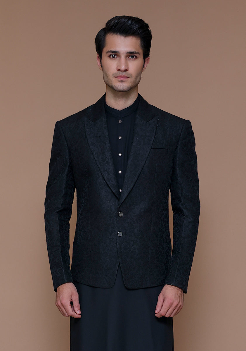 Black Woven Jamawar Prince Coat (3-Piece) - Image 2