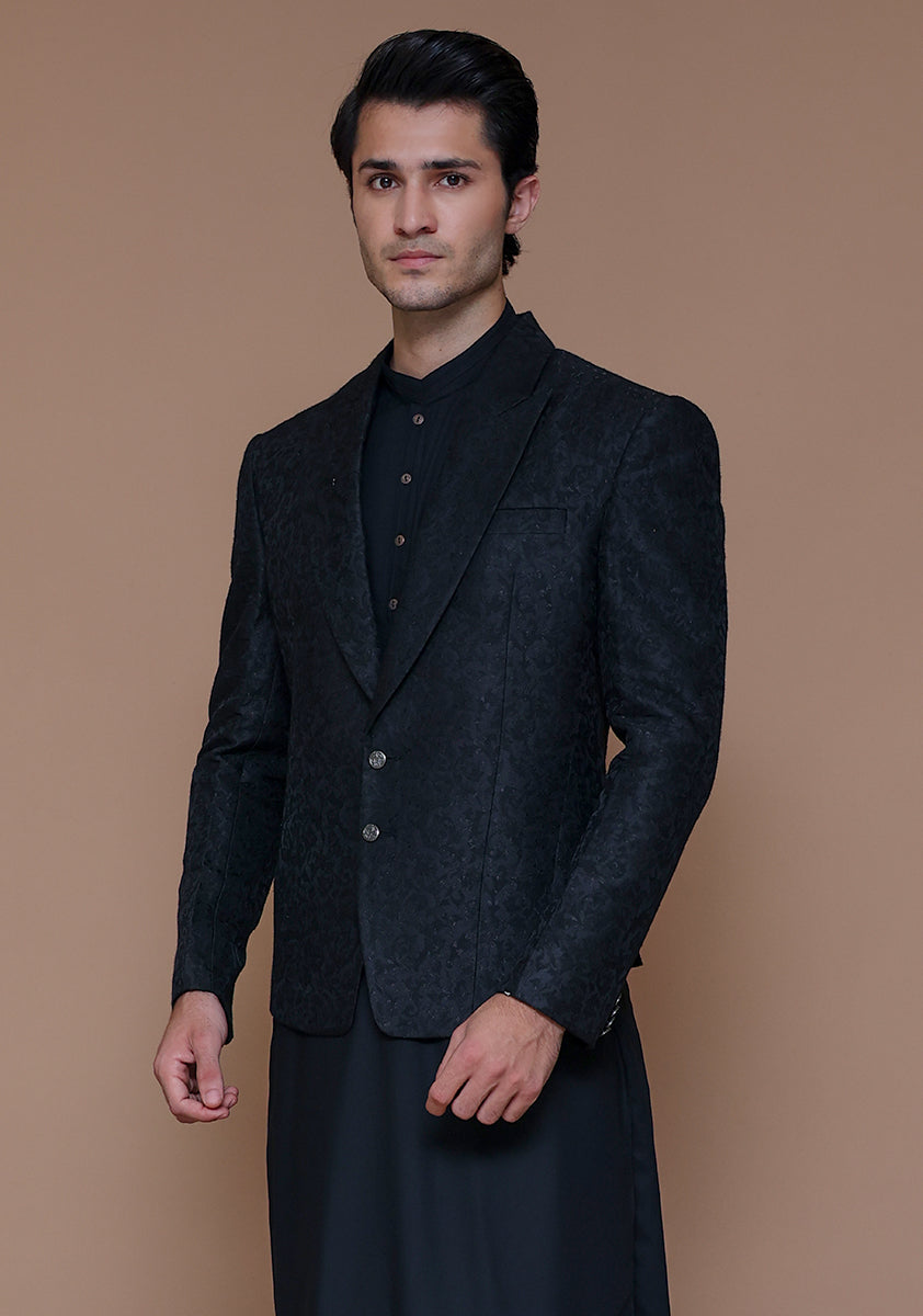 Black Woven Jamawar Prince Coat (3-Piece) - Image 3
