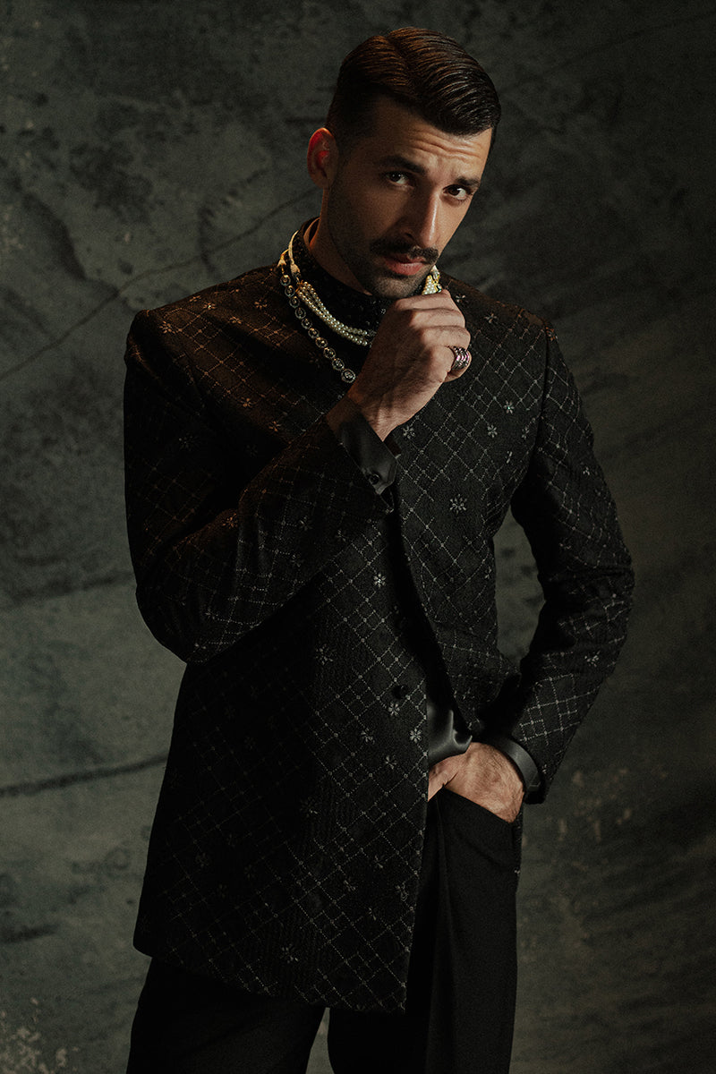Black Jamawar Prince Coat with Geometric Lattice (2-Piece) - Image 11
