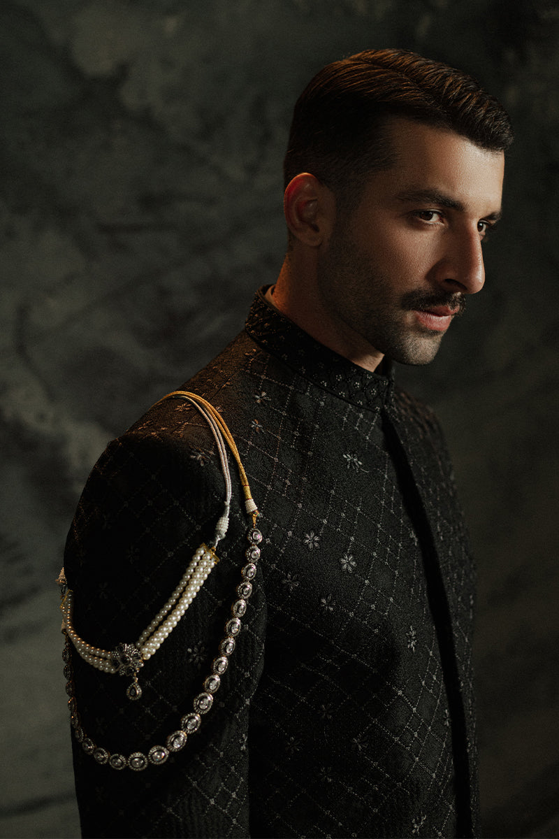 Black Jamawar Prince Coat with Geometric Lattice (2-Piece) - Image 4