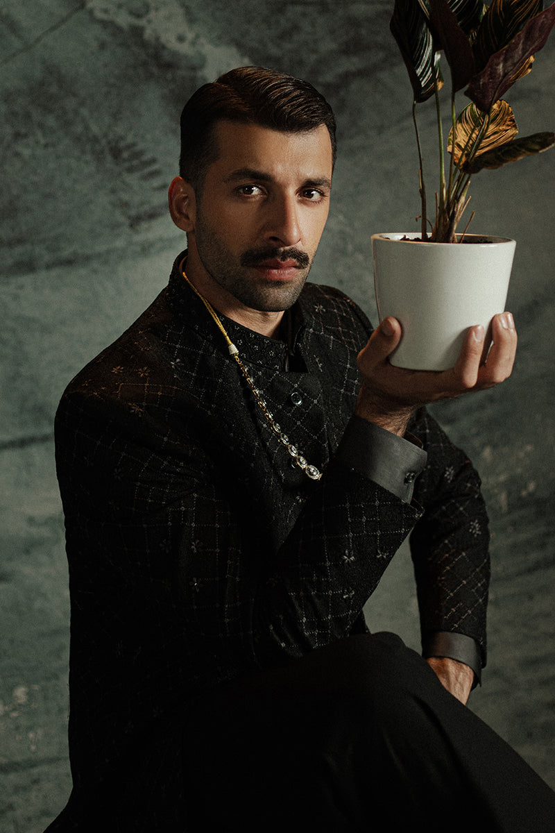 Black Jamawar Prince Coat with Geometric Lattice (2-Piece) - Image 7