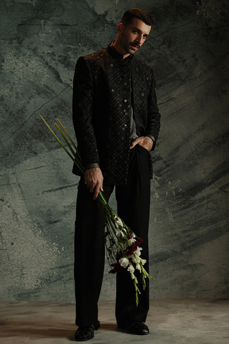 Black Jamawar Prince Coat with Geometric Lattice (2-Piece) - Image 9