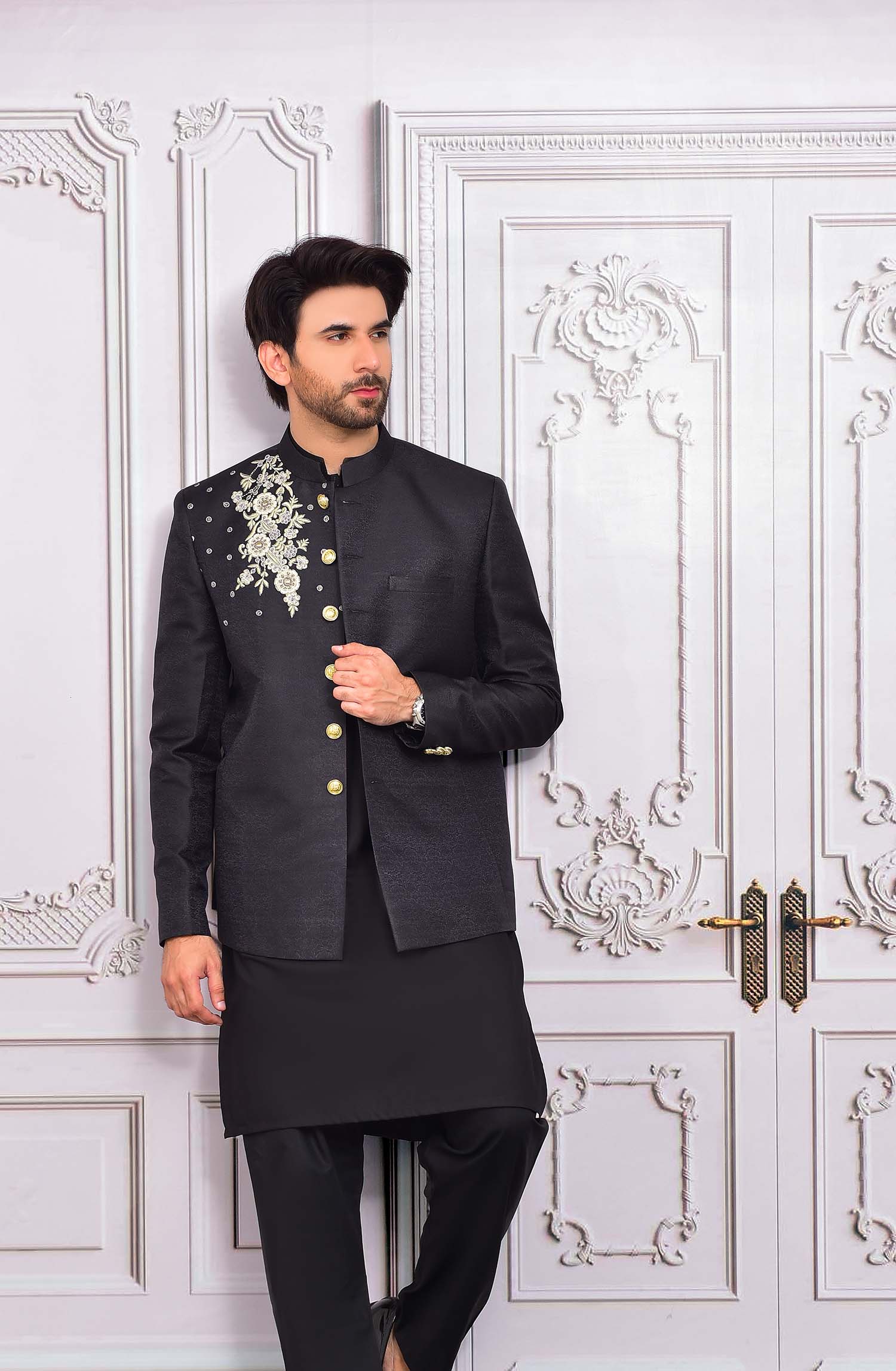Black Jamawar Prince Coat with Ivory Floral Embroidery (2-Piece) - Image 1