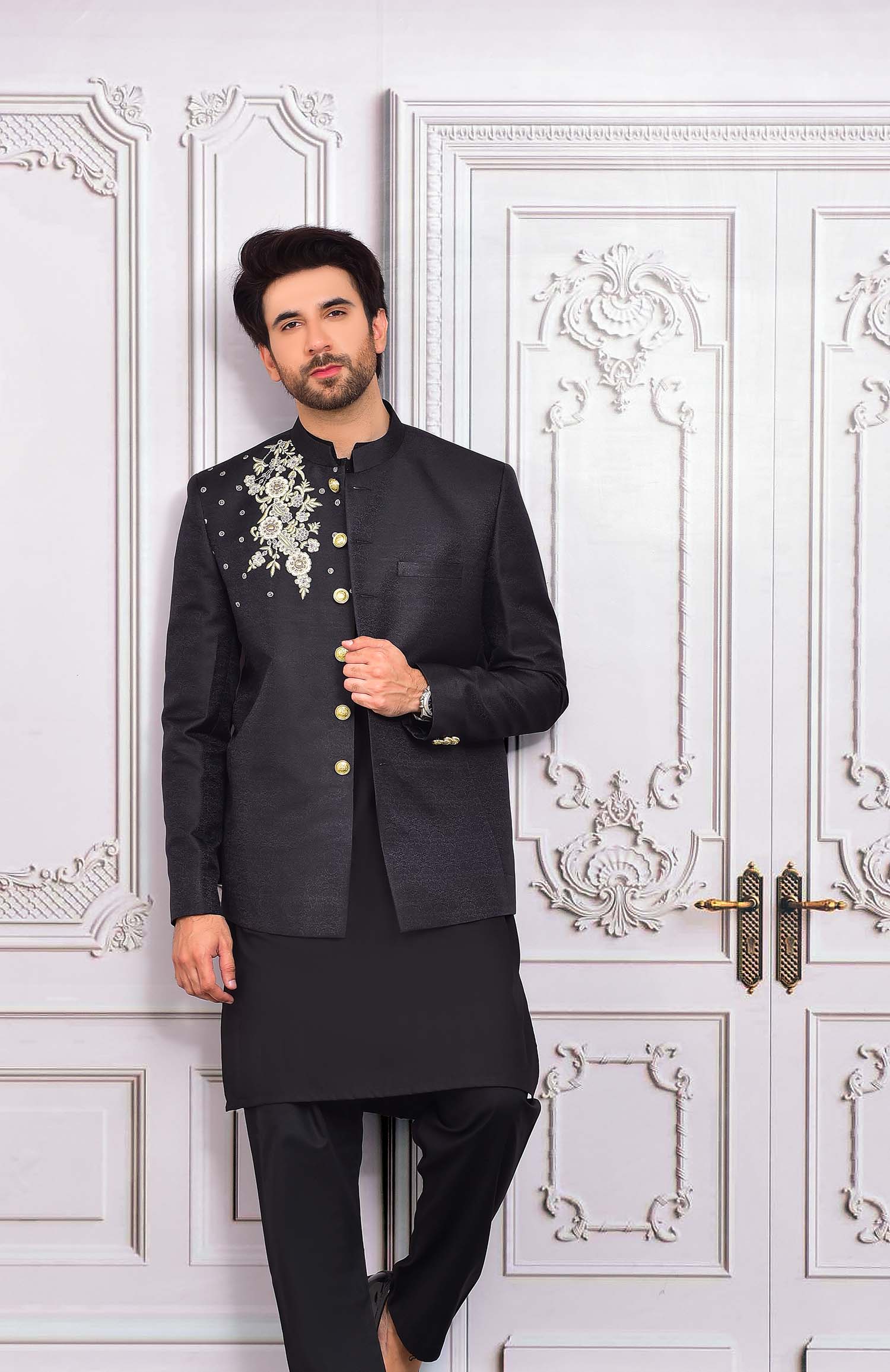 Black Jamawar Prince Coat with Ivory Floral Embroidery (2-Piece) - Image 2