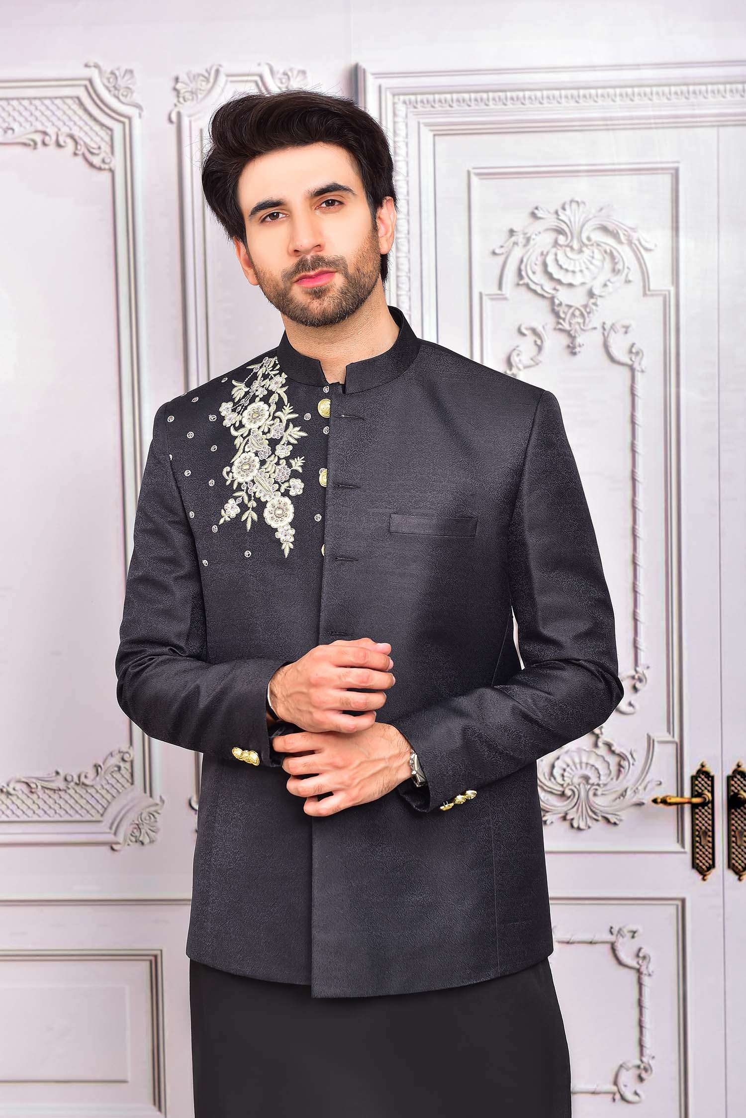 Black Jamawar Prince Coat with Ivory Floral Embroidery (2-Piece) - Image 3