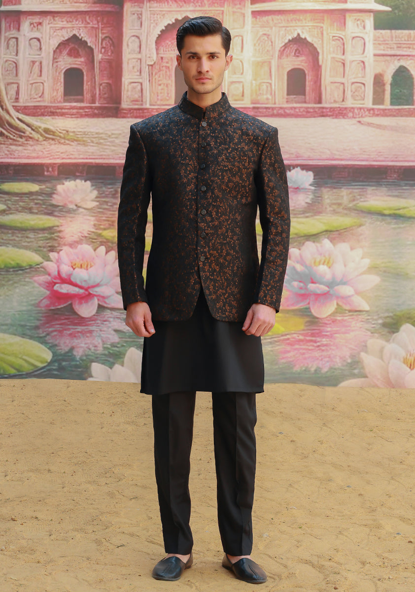 Copper Black Self-Woven Jamawar Prince Coat (3-Piece) - Image 1