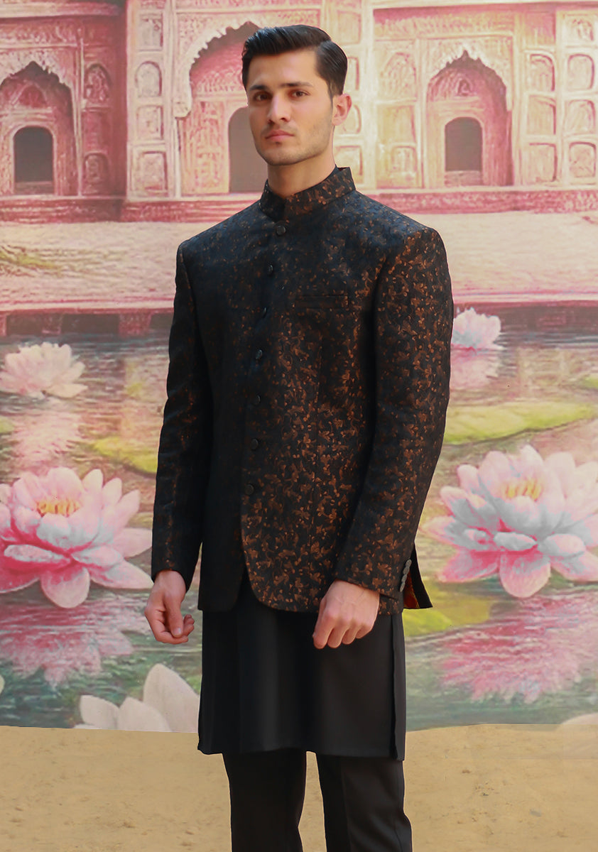 Copper Black Self-Woven Jamawar Prince Coat (3-Piece) - Image 4