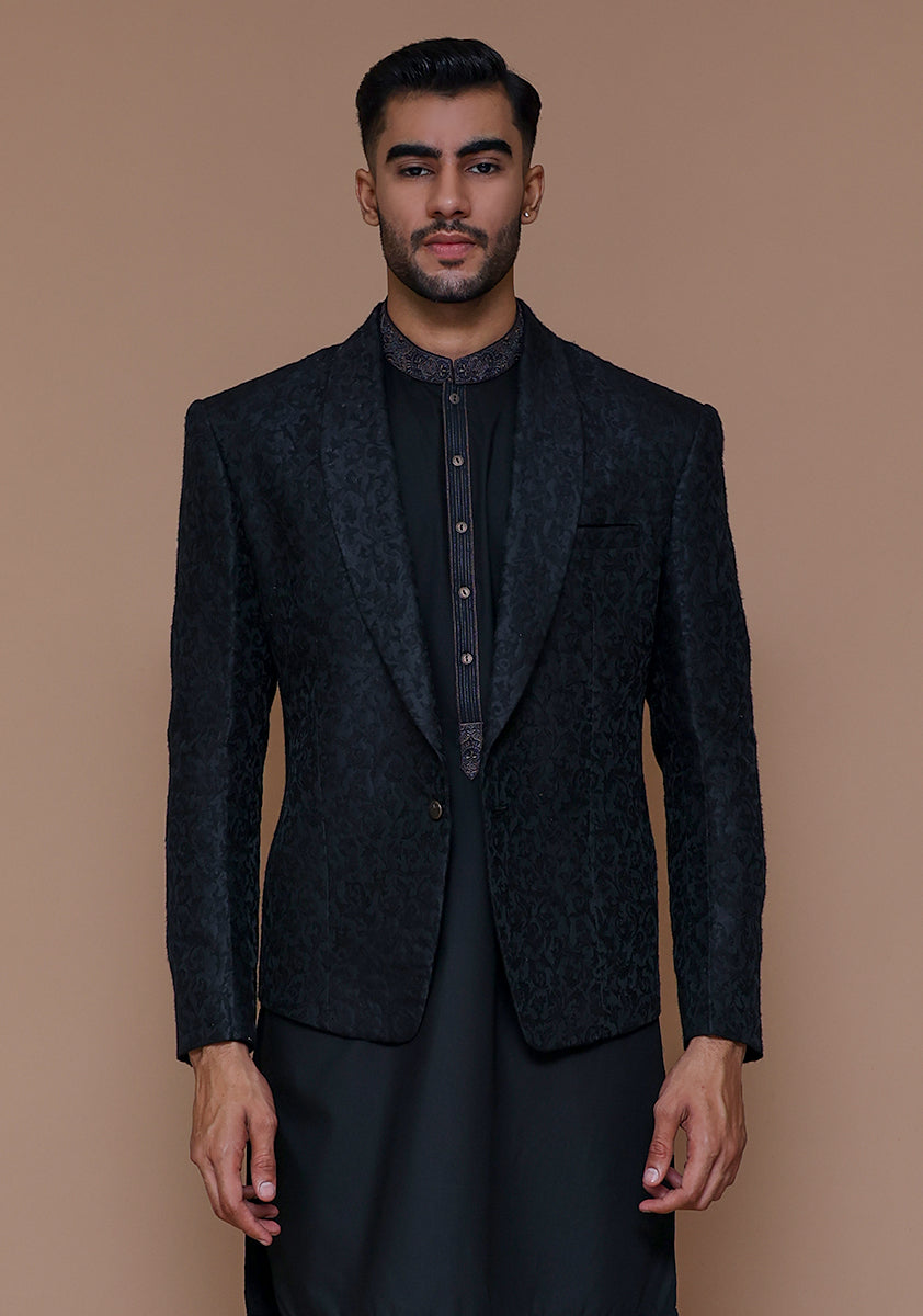 Black Jamawar Prince Coat (3-Piece) - Image 2