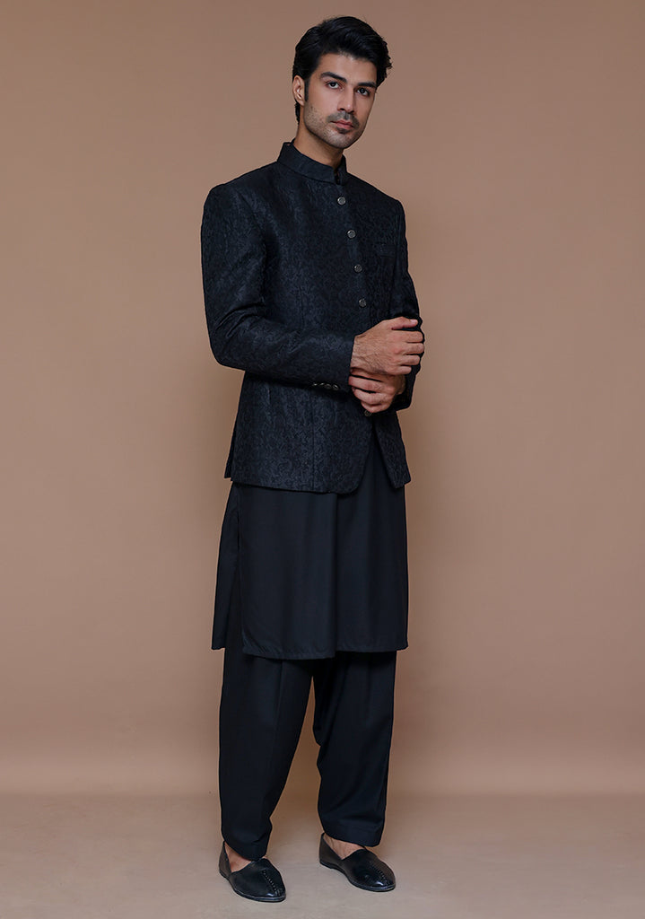 Black Jamawar Prince Coat (3-Piece) - Image 1