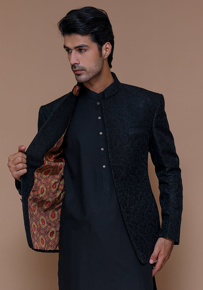 Black Jamawar Prince Coat (3-Piece) - Image 3