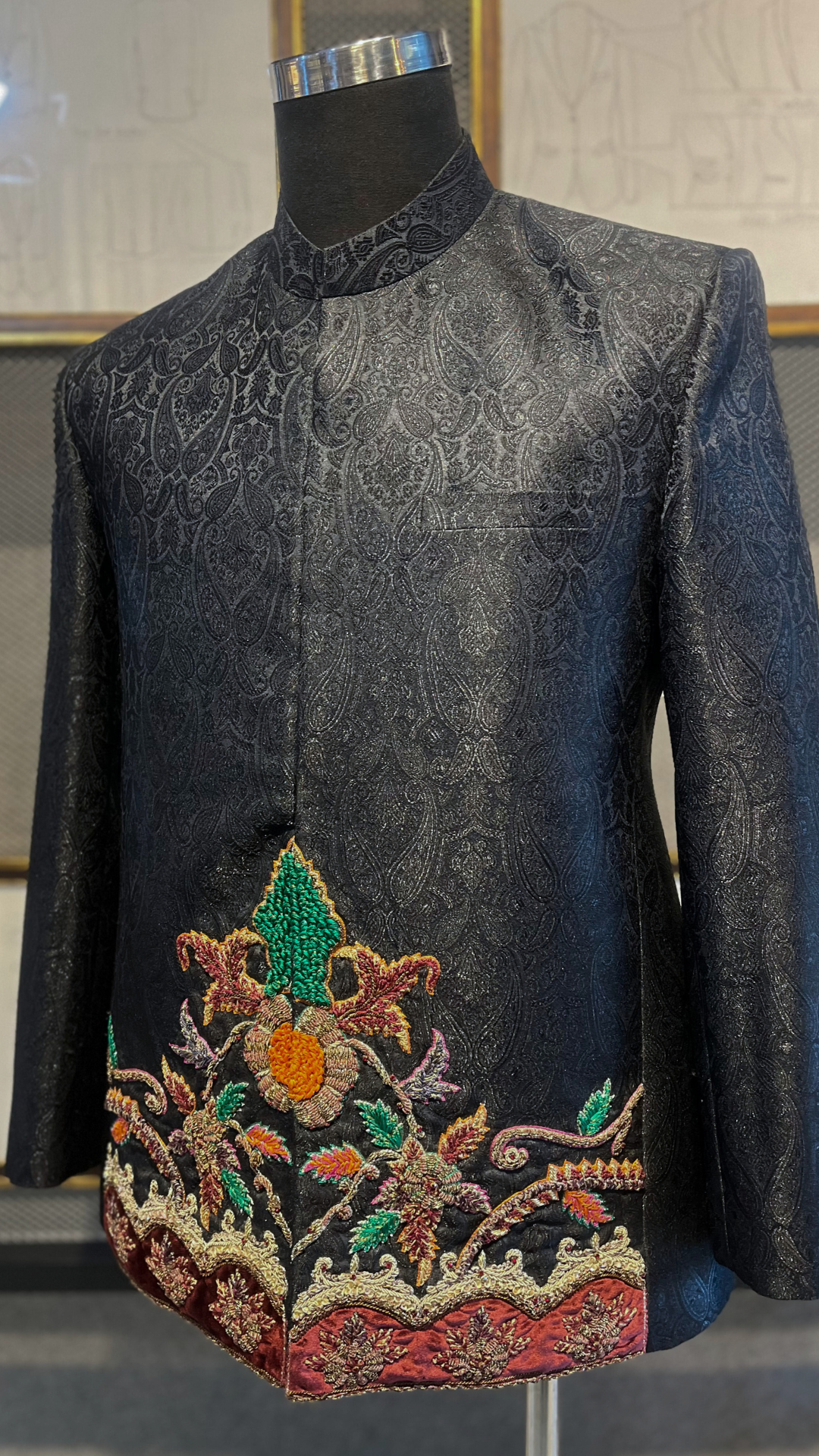 Black Hand-Embroidered Jamawar Prince Coat (1-Pc) - Image 1