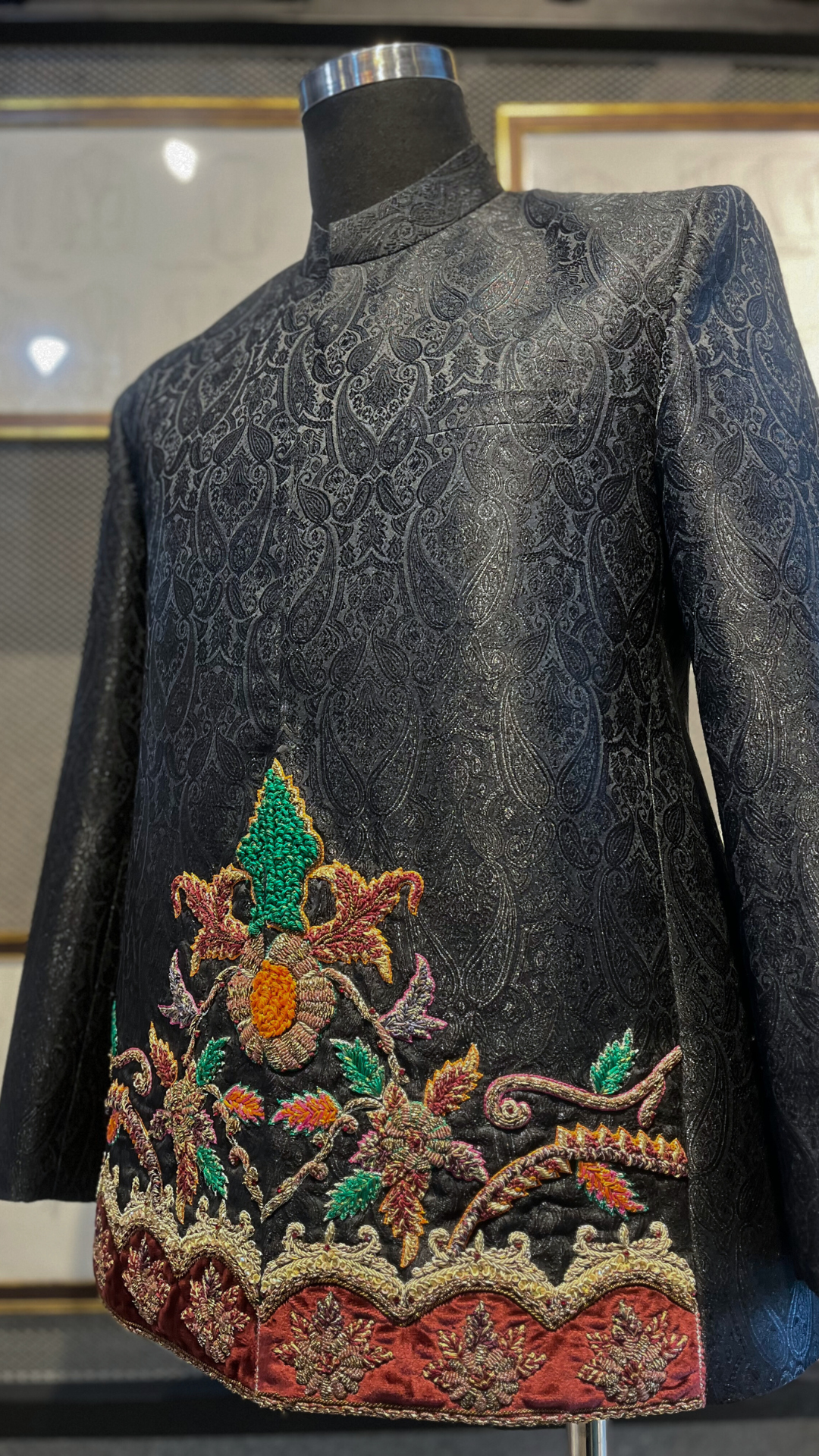Black Hand-Embroidered Jamawar Prince Coat (1-Pc) - Image 2