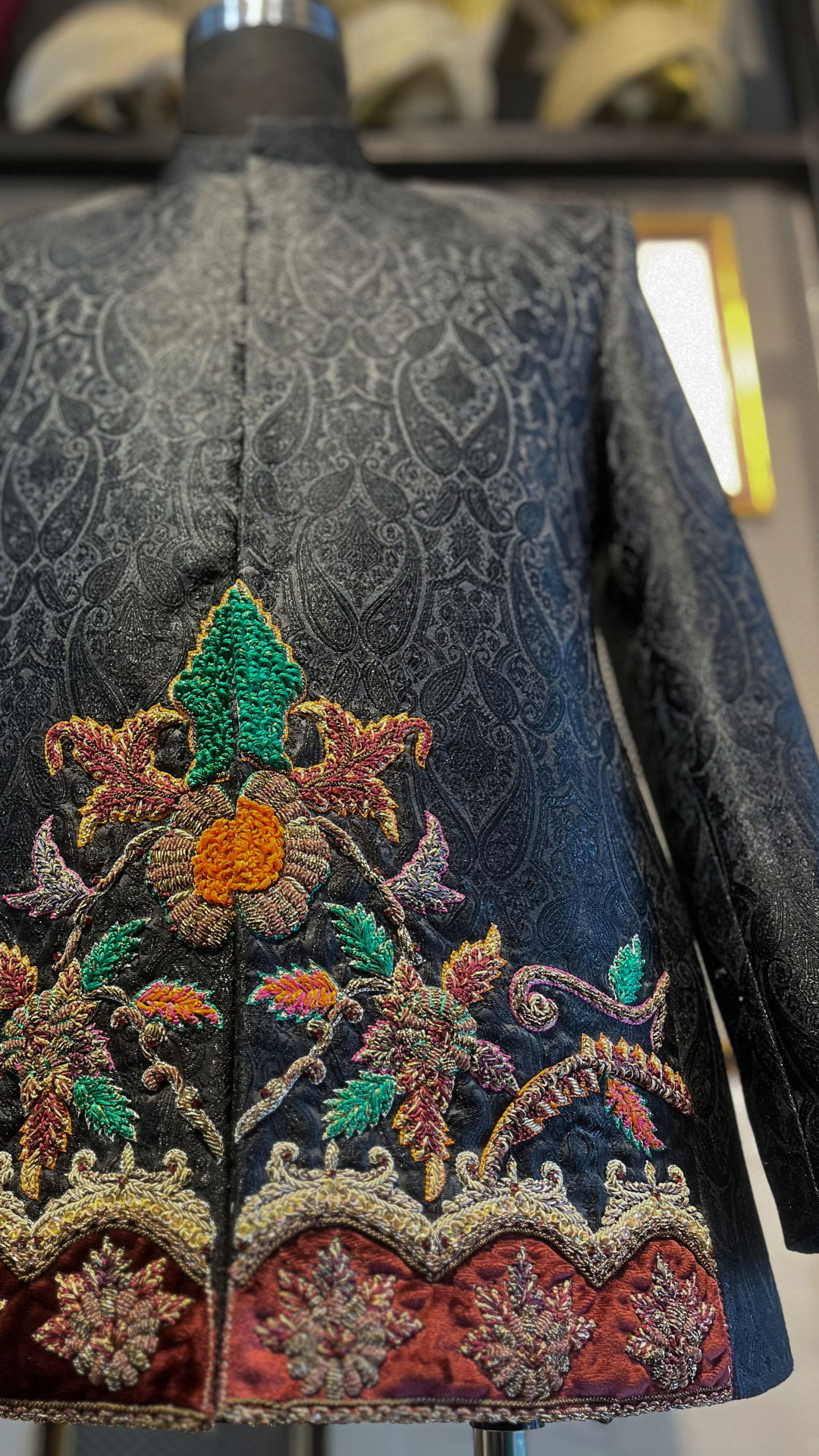 Black Hand-Embroidered Jamawar Prince Coat (1-Pc) - Image 3