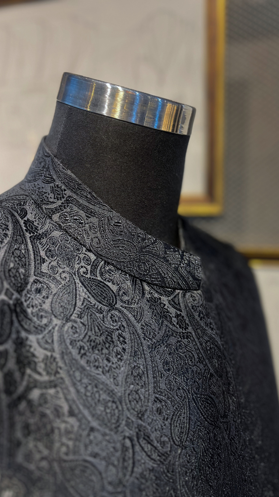 Black Hand-Embroidered Jamawar Prince Coat (1-Pc) - Image 4