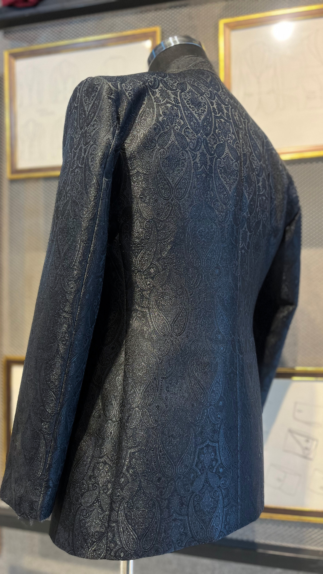 Black Hand-Embroidered Jamawar Prince Coat (1-Pc) - Image 6