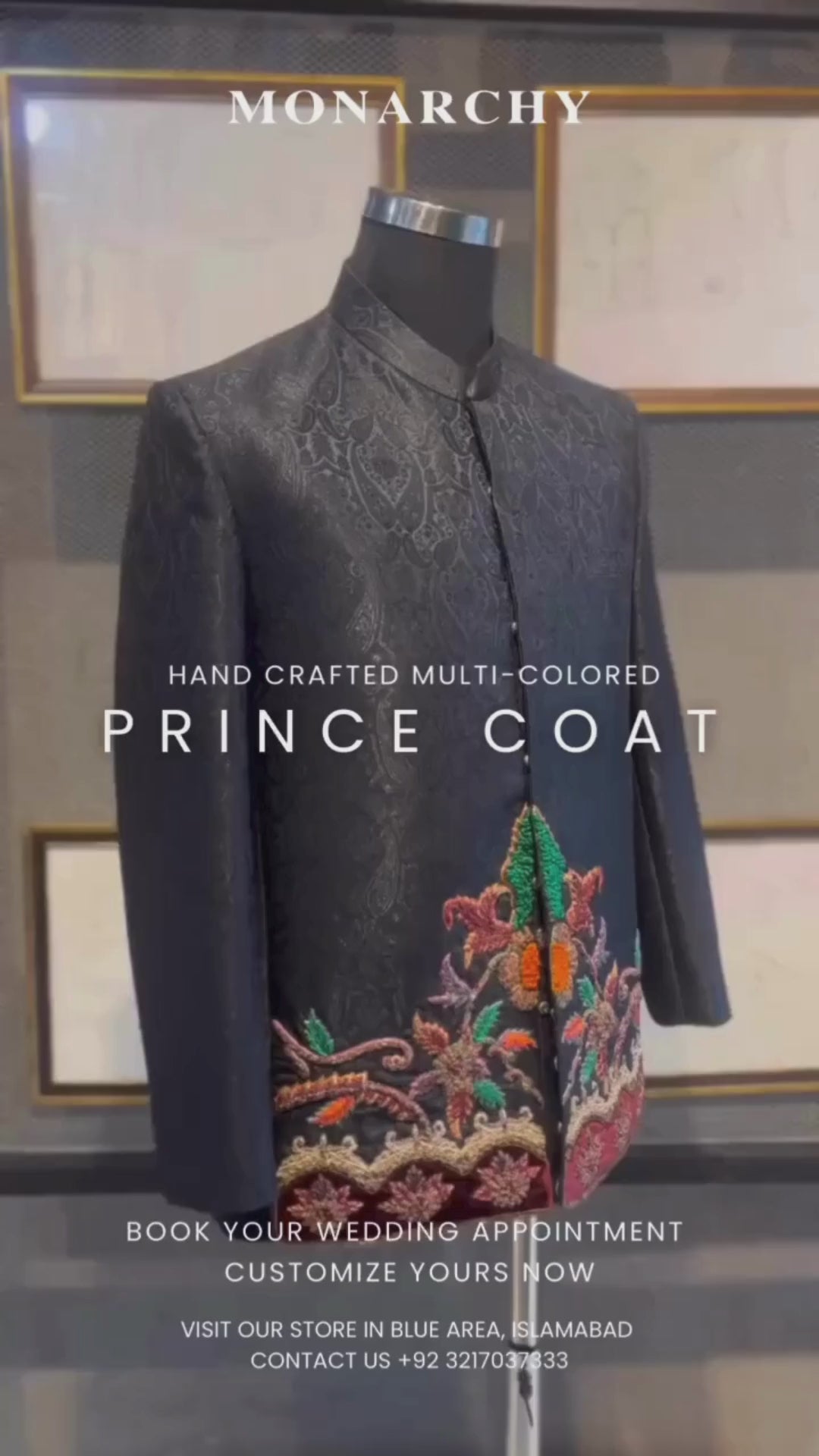 Black Hand-Embroidered Jamawar Prince Coat (1-Pc) - Image 7