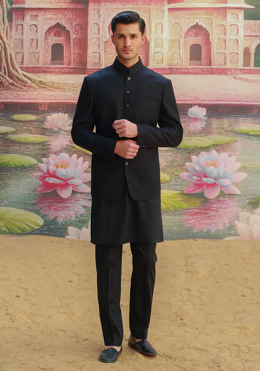 Tap Shoe Black Woven Karandi Jamawar Prince Coat (3-Piece) - Image 1
