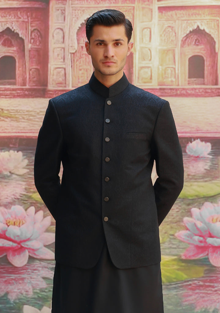Tap Shoe Black Woven Karandi Jamawar Prince Coat (3-Piece) - Image 3