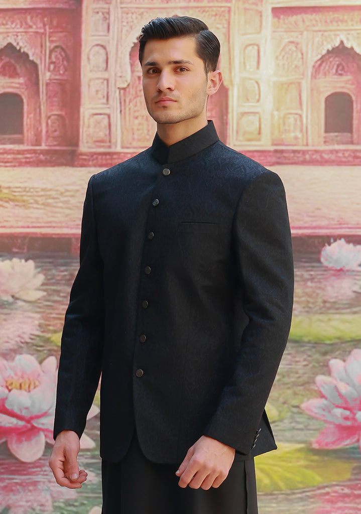 Tap Shoe Black Woven Karandi Jamawar Prince Coat (3-Piece) - Image 4