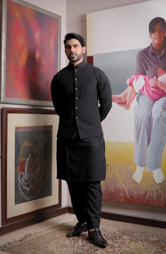 Black Khaddar Prince Coat 3-Piece Set - Image 1