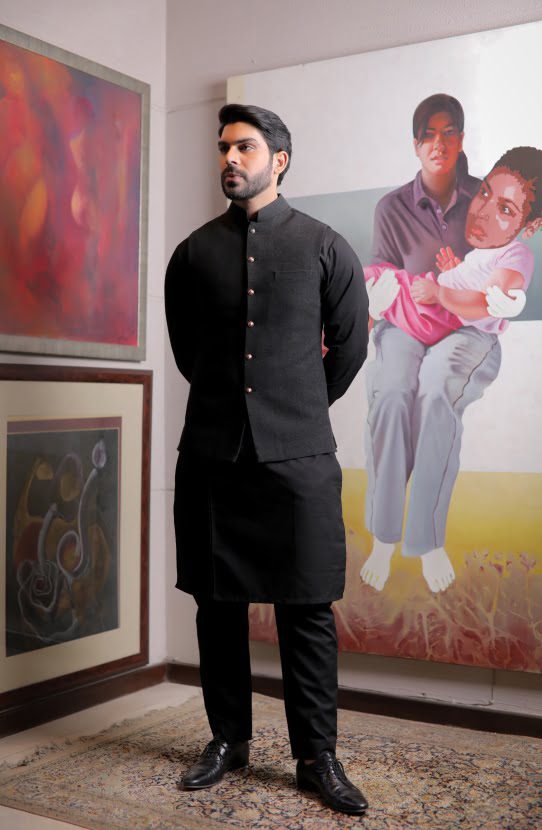 Black Khaddar Prince Coat 3-Piece Set - Image 2